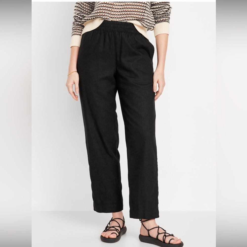 Old Navy Women's Black Size L Linen High Wasted Pull On Straight Leg Pants